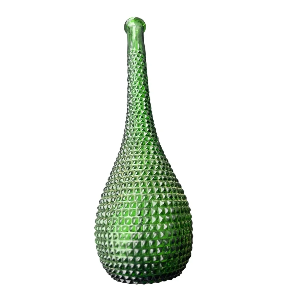 Vintage Emerald Green Hobnail Genie Bottle Glass Decanter Vase 15.5 Inch MCM